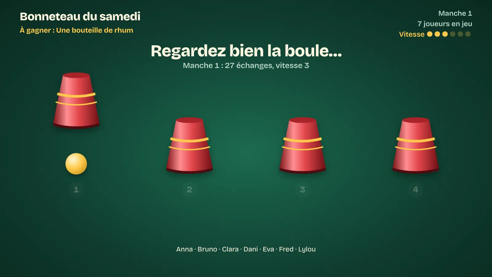 Der öffentliche Bildschirm von Bonneteau: die Kugel unter einem der Becher, kurz vor dem Mischen.