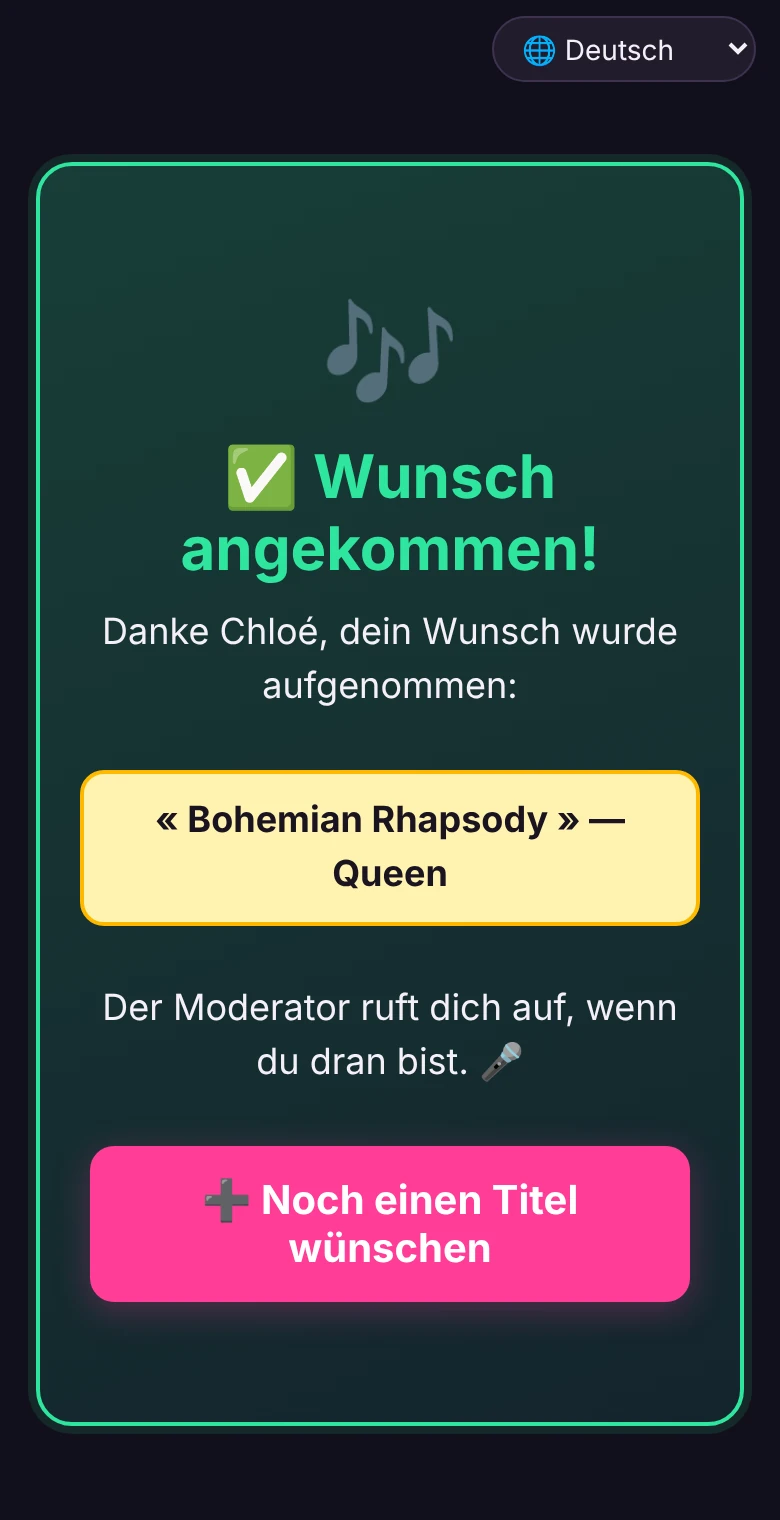Das Handy des Gastes nach dem Absenden: Der Wunsch ist angekommen, der Moderator ruft ihn auf, wenn er an der Reihe ist.