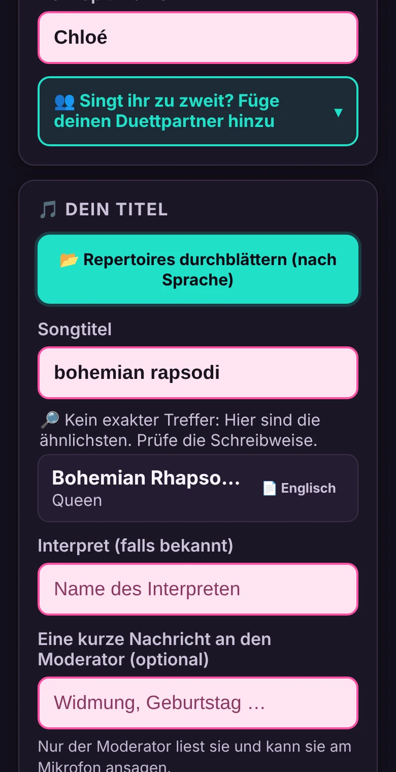 Das Handy einer Sängerin: Sie tippt „bohemian rapsodi“ und die App schlägt Bohemian Rhapsody von Queen vor.