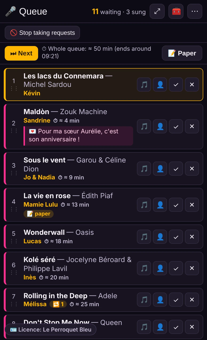 The host's screen: the queue showing, for each request, the song, the singer and the estimated wait.