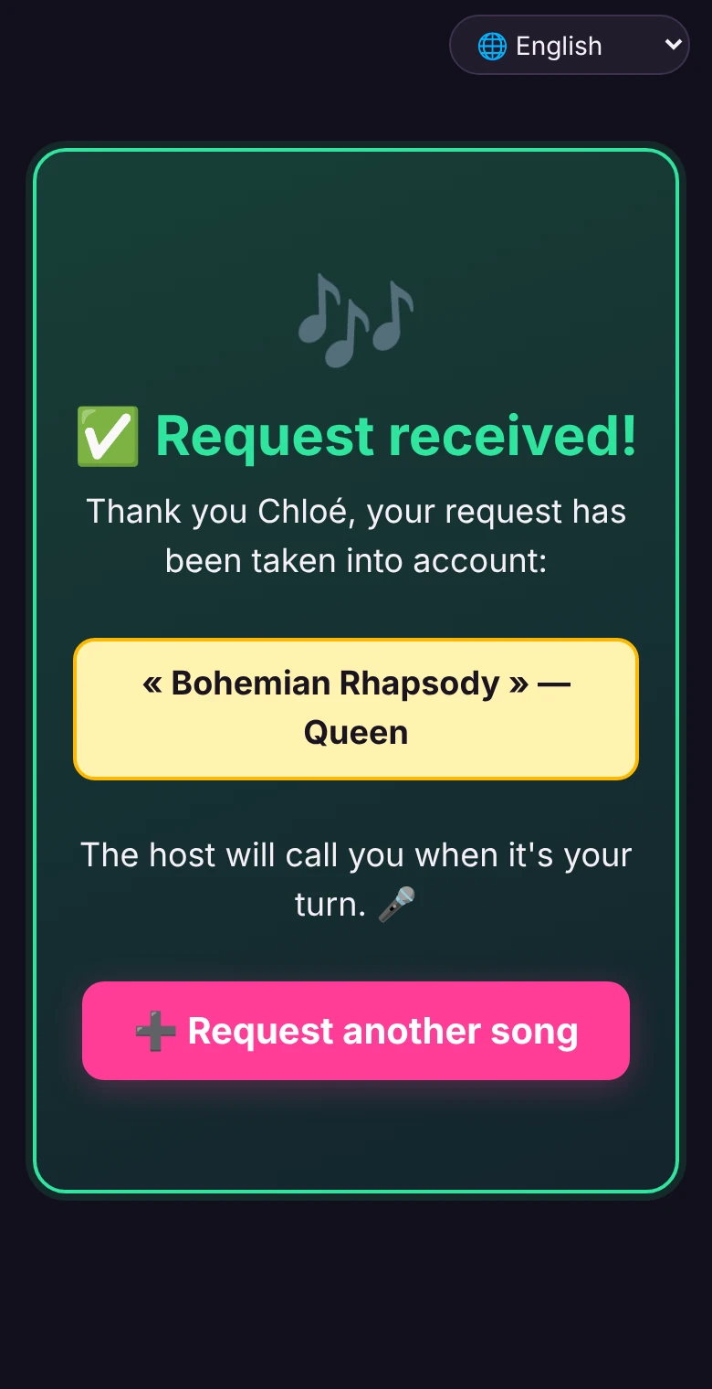 The singer's phone after sending: the request is received, the host will call them when it's their turn.