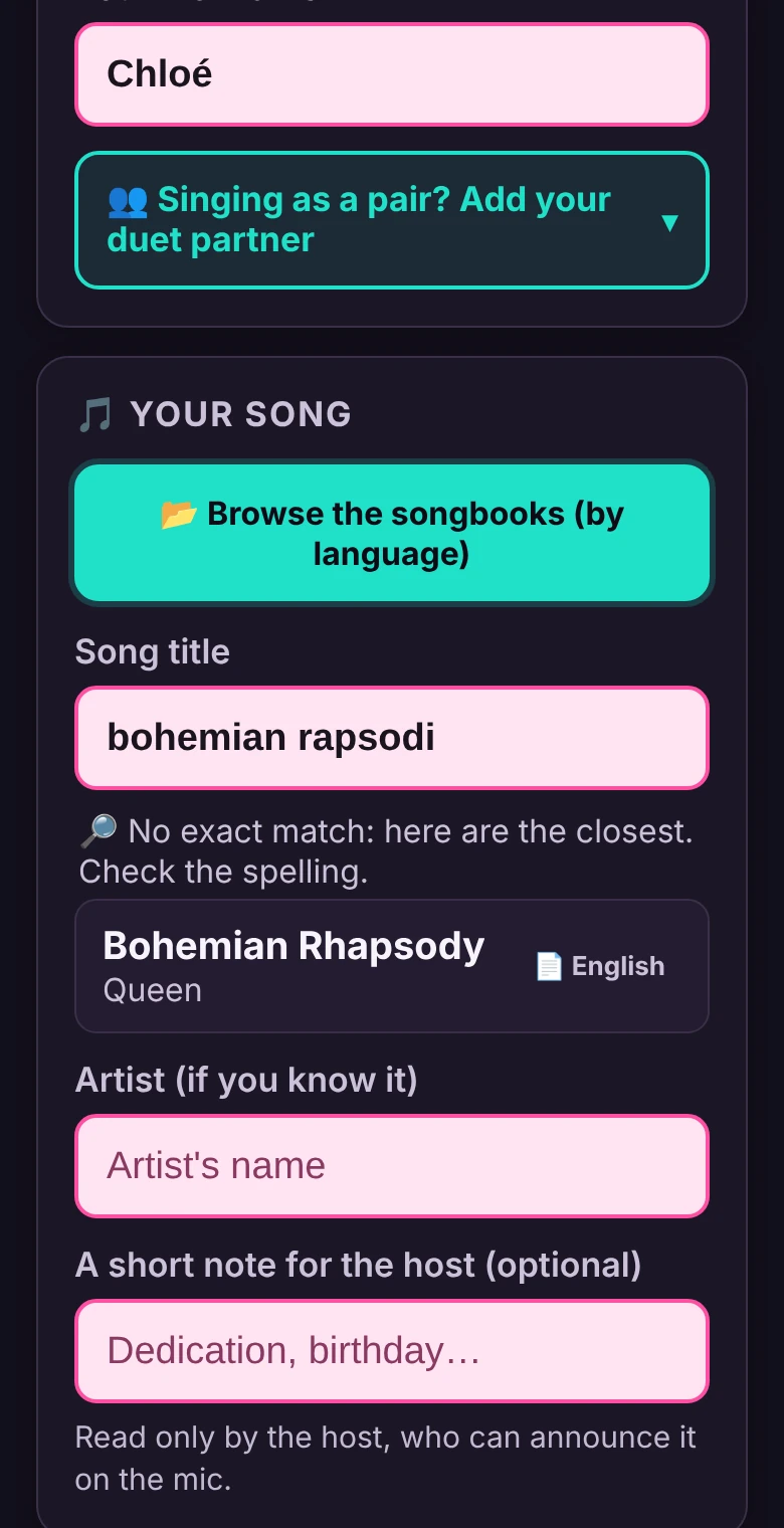 A singer's phone: she types “bohemian rapsodi” and the app suggests Bohemian Rhapsody by Queen.