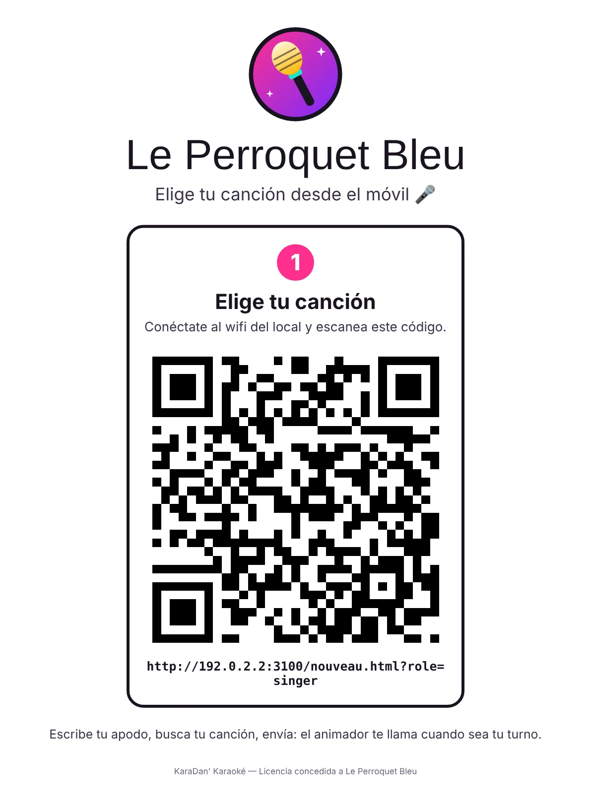 El cartel para imprimir: el nombre del local, una invitación a elegir la canción desde el móvil y un gran código QR.