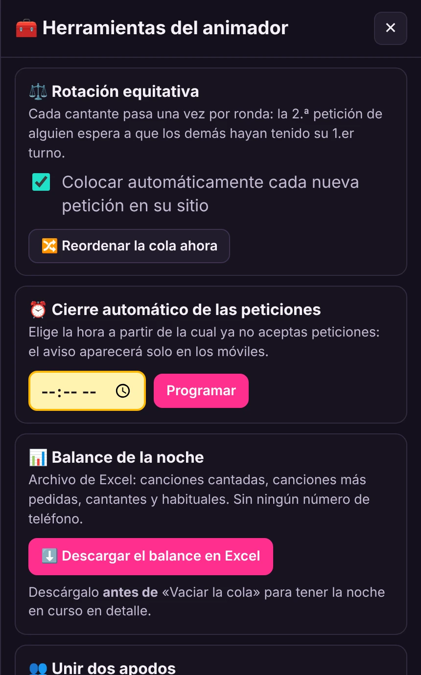 Las herramientas del animador: rotación equitativa, cierre automático de las peticiones, balance de la noche en Excel.