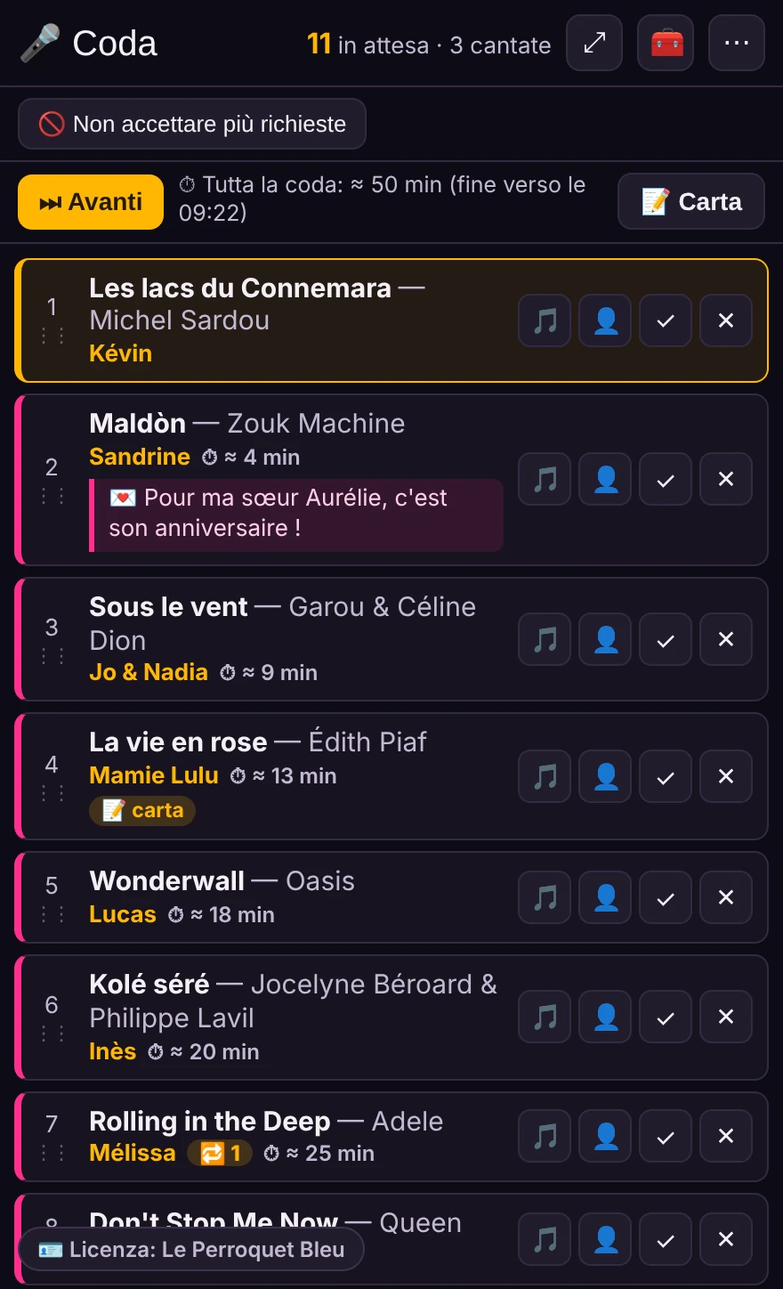 Lo schermo dell'animatore: la coda con, per ogni richiesta, la canzone, il cantante e l'attesa stimata.