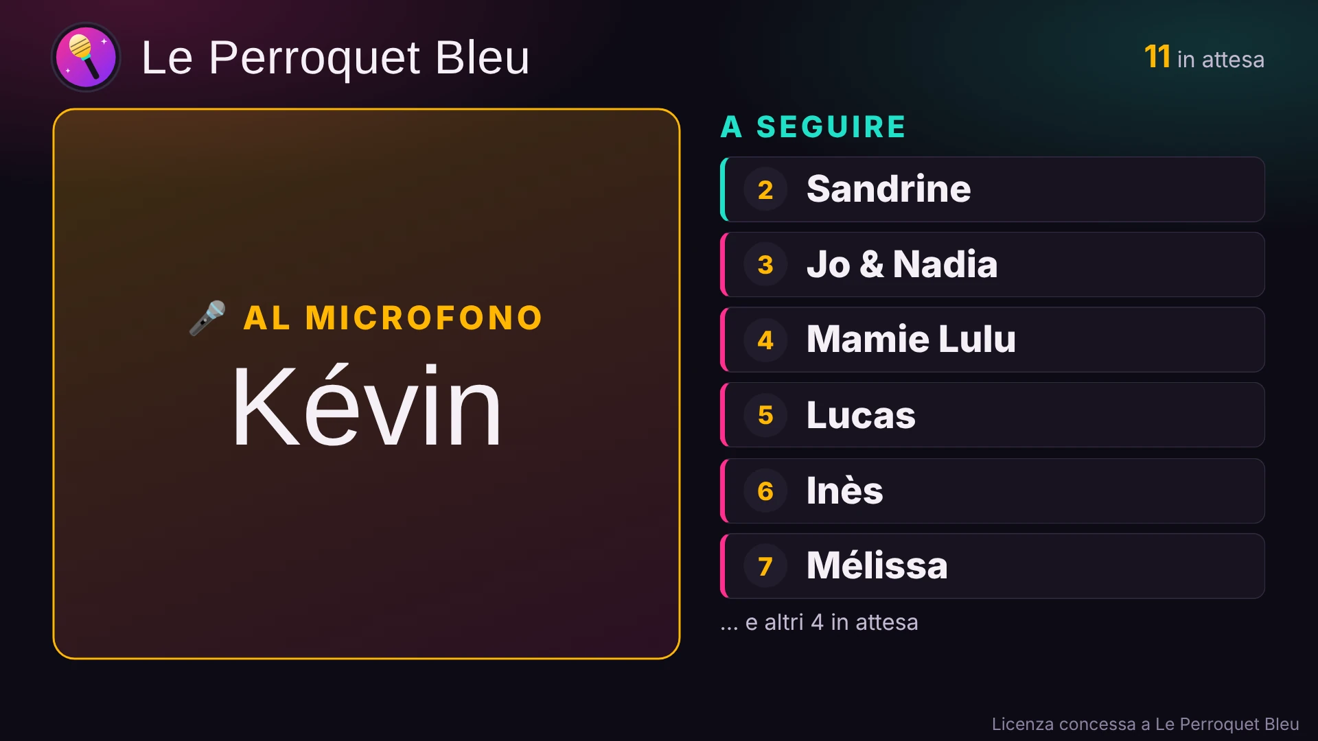 Lo schermo pubblico: Kévin è al microfono, seguito dall'elenco dei prossimi cantanti.