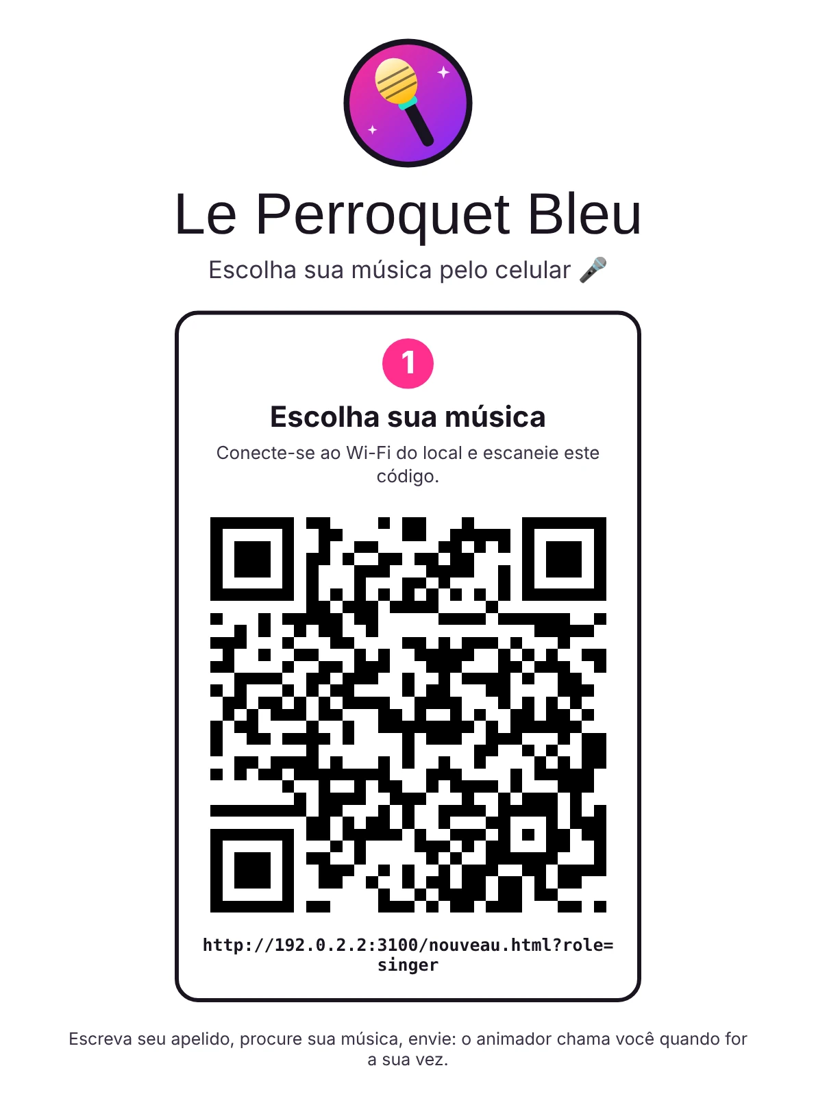 O cartaz para imprimir: o nome do estabelecimento, um convite para escolher a música pelo celular e um grande QR code.