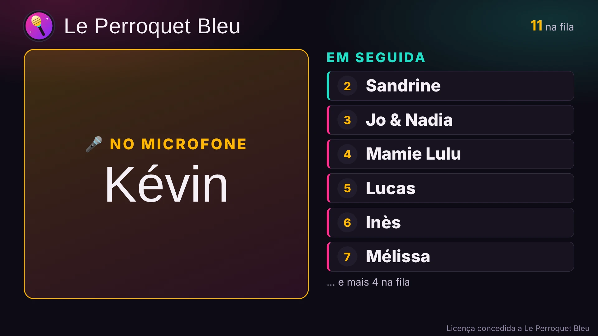 A tela pública: Kévin está no microfone, seguido da lista dos próximos cantores.