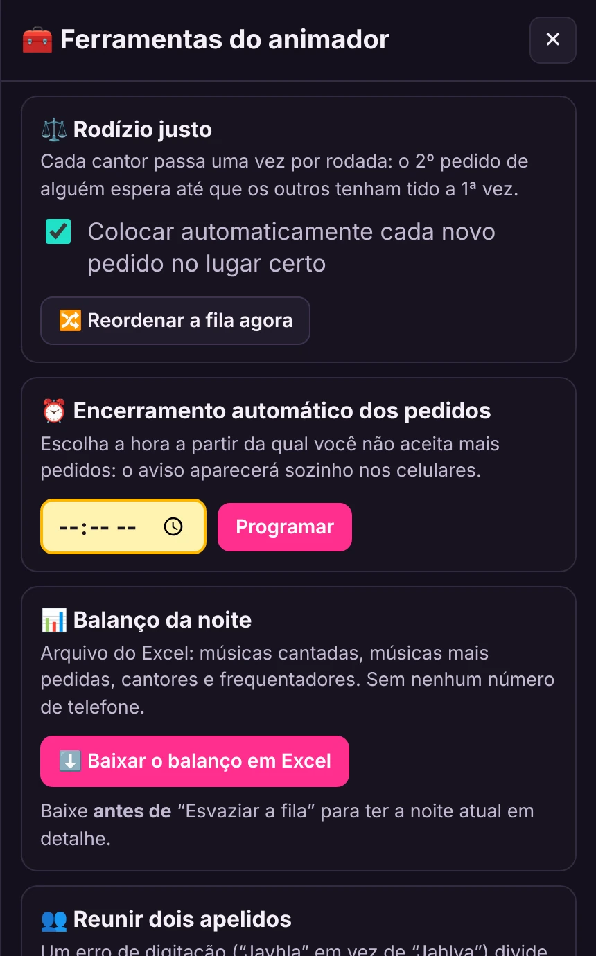 As ferramentas do animador: rodízio justo, encerramento automático dos pedidos, balanço da noite em Excel.