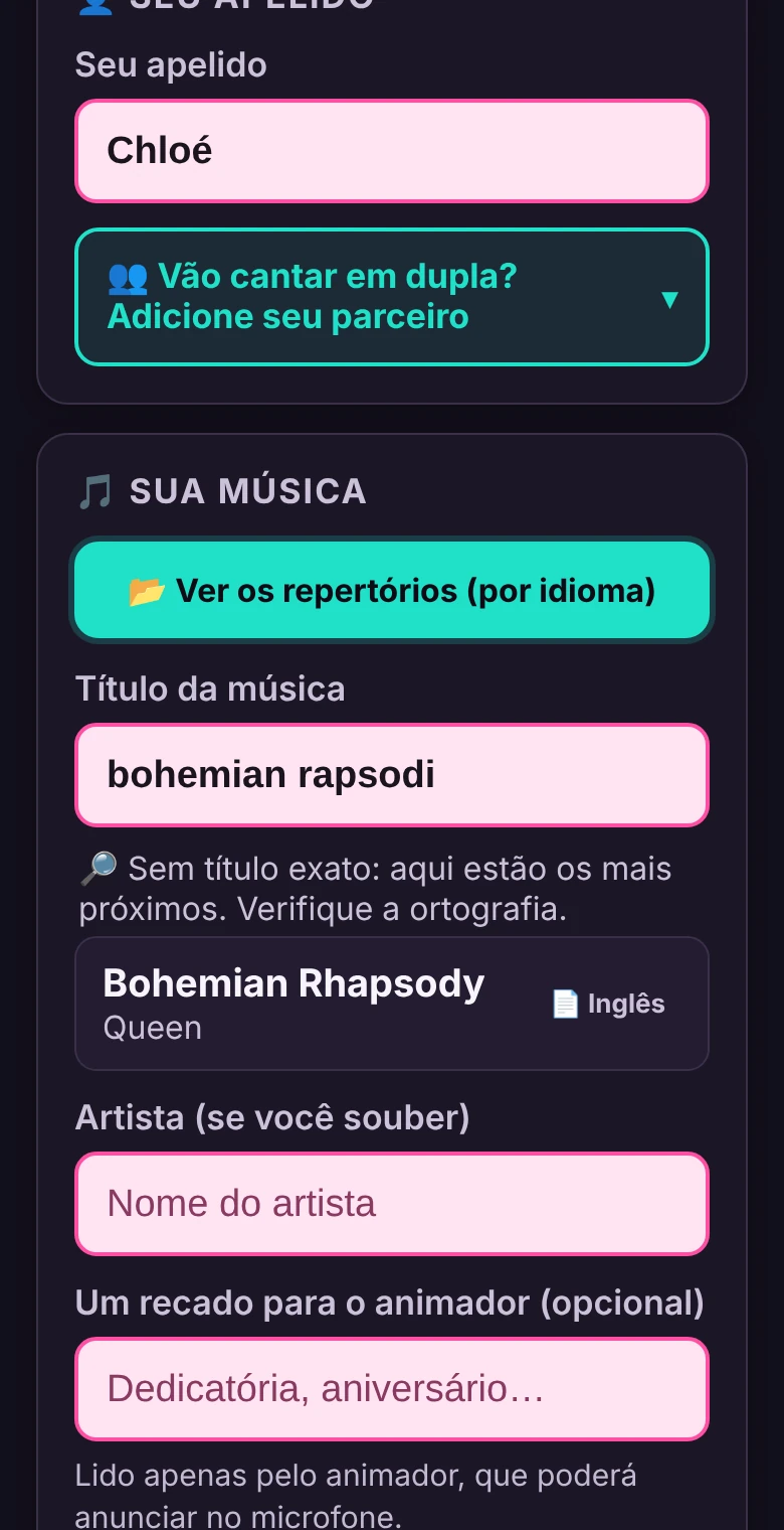 O celular de uma cantora: ela digita “bohemian rapsodi” e o aplicativo sugere Bohemian Rhapsody, do Queen.