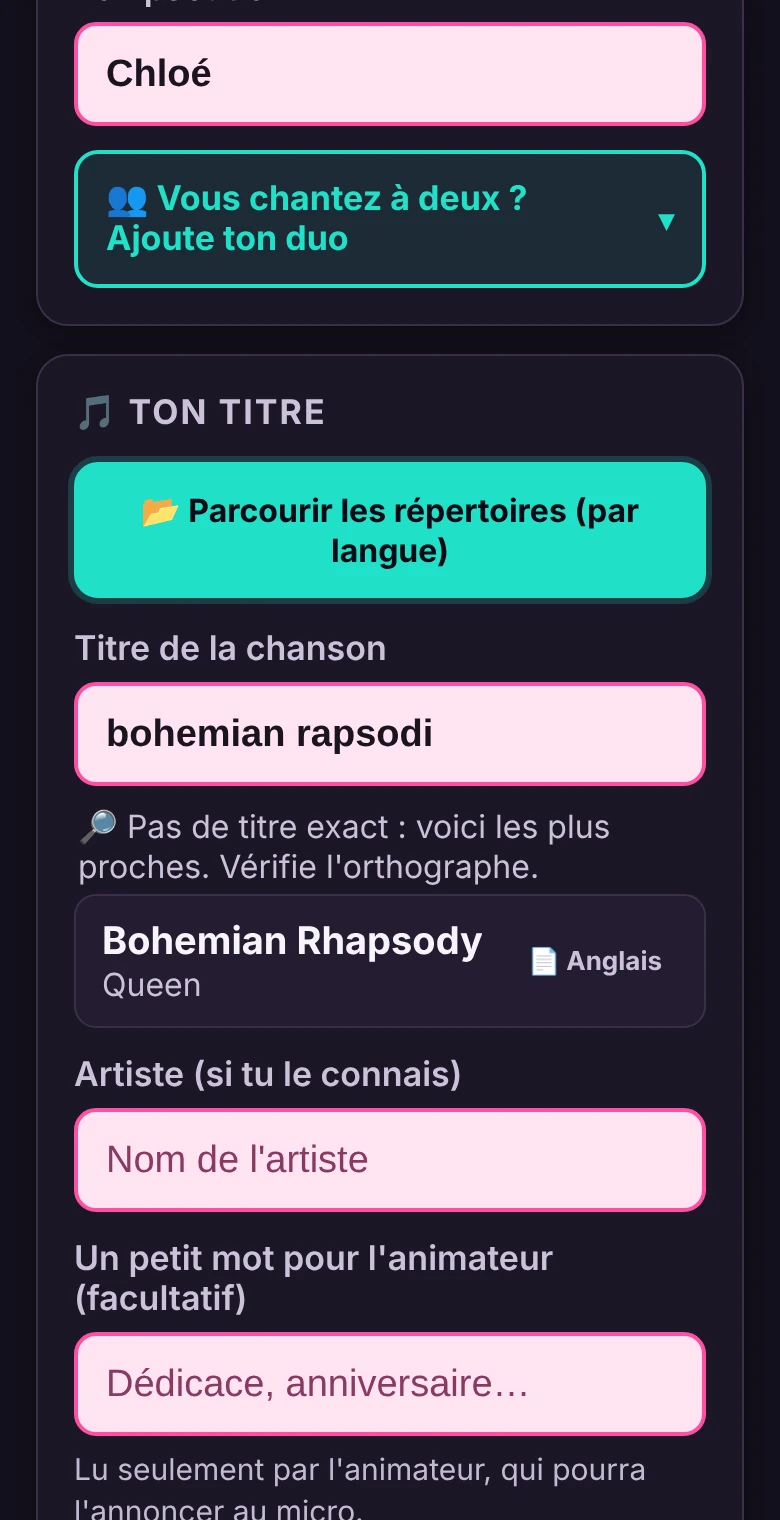 Le téléphone d'une chanteuse : elle tape « bohemian rapsodi », l'application lui propose Bohemian Rhapsody, de Queen.